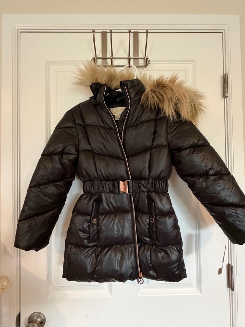 Michael Kors Black Quilted Puffer Coat with Faux Fur Trim